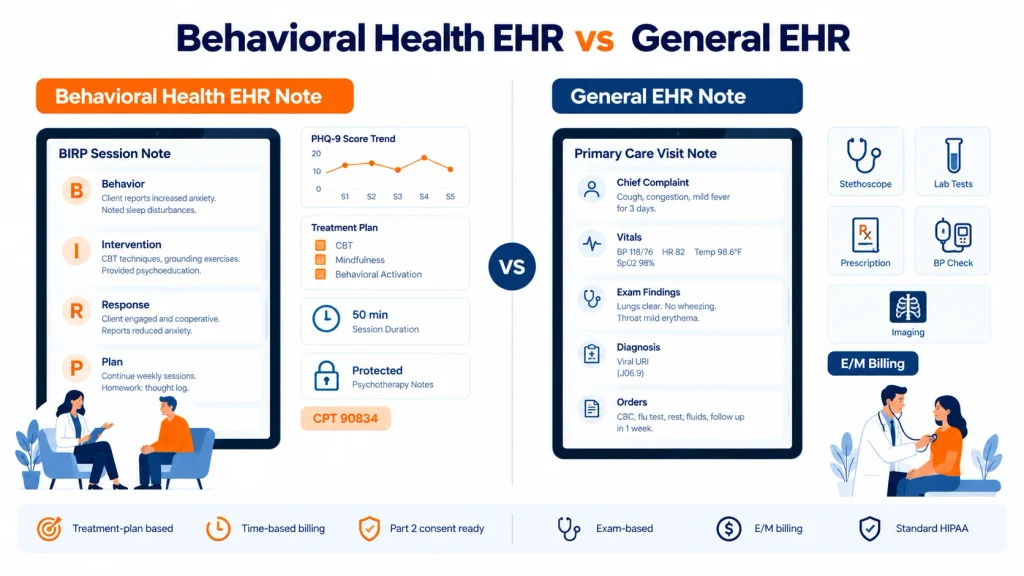 behavioral health EHR vs general EHR note comparison.