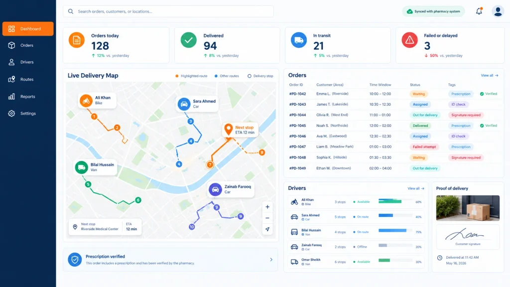 Pharmacy delivery tracking software dashboard example.