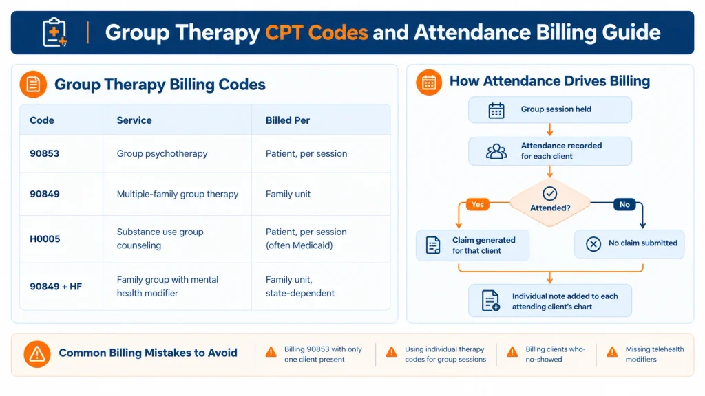Group therapy CPT codes 90853, 90849, and H0005 billing guide.