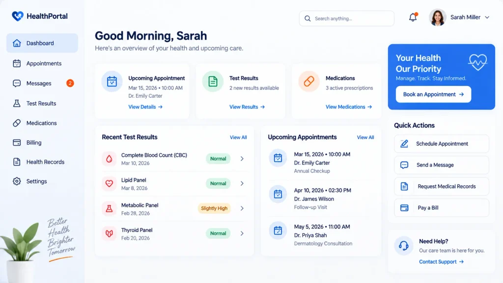 Patient portal dashboard showing lab results and appointment scheduling