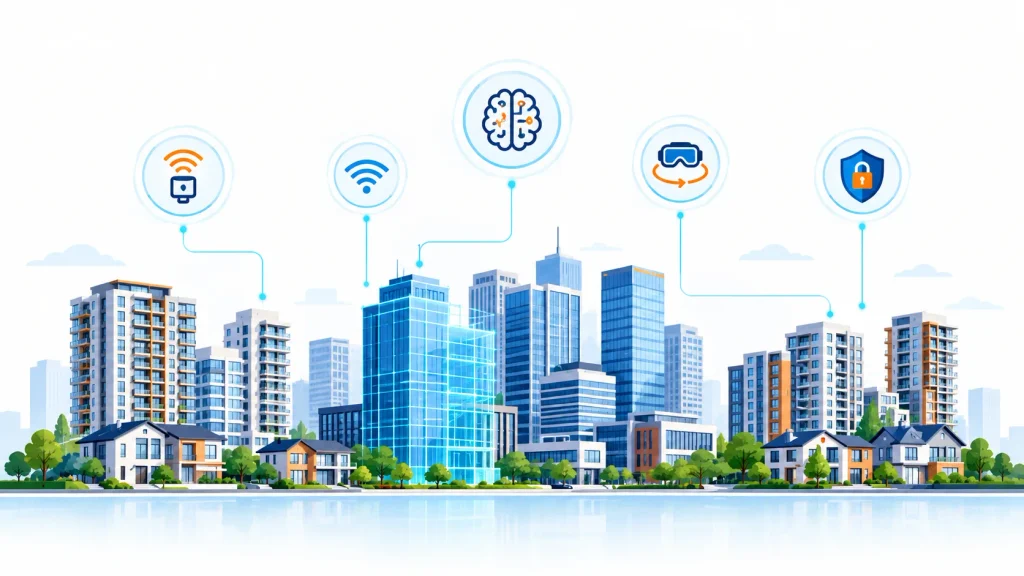 Real estate technology trends 2026 shown as connected icons over a city skyline.